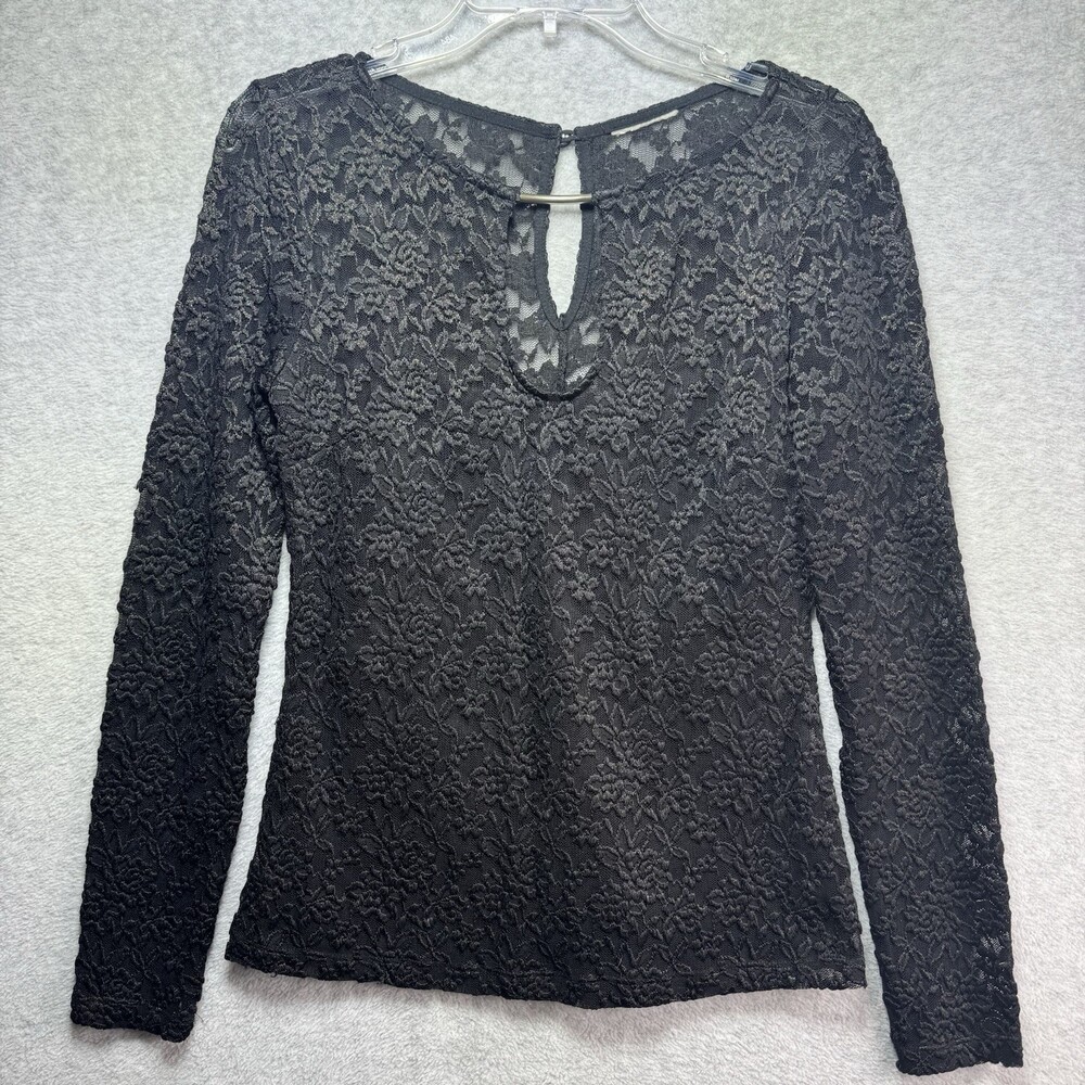 Y2K Top M Sheer Lace Floral Black Dark Fairy Whimsigoth Long Sleeve Romantic